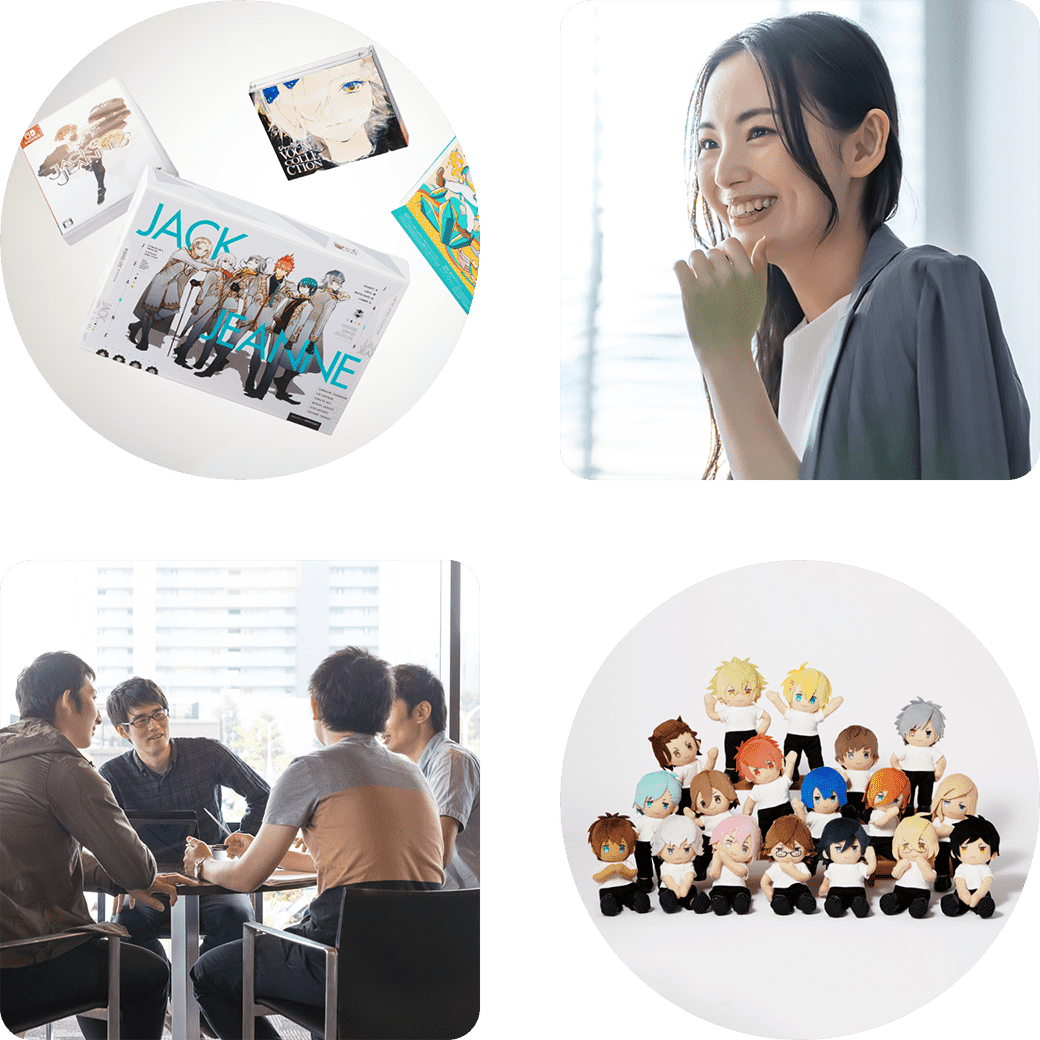 写真4枚：色々な商品、笑ってる女性社員、テーブルについて話をしている4人の男性社員、18人のキャラクターぬいぐるみ