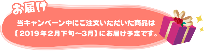 お届け：当キャンペーン中にご注文いただいた商品は【2019年2月下旬から3月】にお届け予定です。