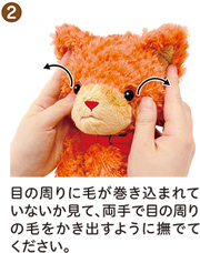 ② 目の周りに毛が巻き込まれていないか見て、両手で目の周りの毛をかき出すように撫でてください。