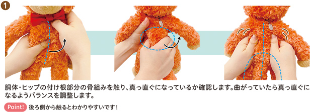 ① 胴体・ヒップの付け根部分の骨組みを触り、真っ直ぐになっているか確認します。曲がっていたら真っ直ぐになるようバランスを調整します。　[Point!] 後ろ側から触るとわかりやすいです！