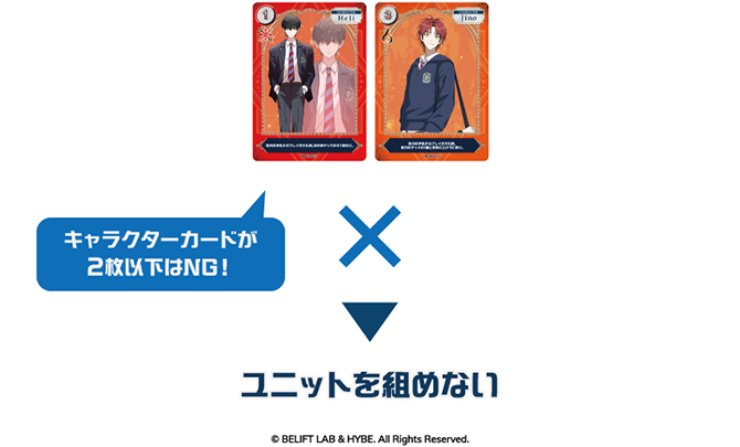 キャラクターカード2枚 → ユニットを組めない (キャラクターカードが2枚以下はNG！)